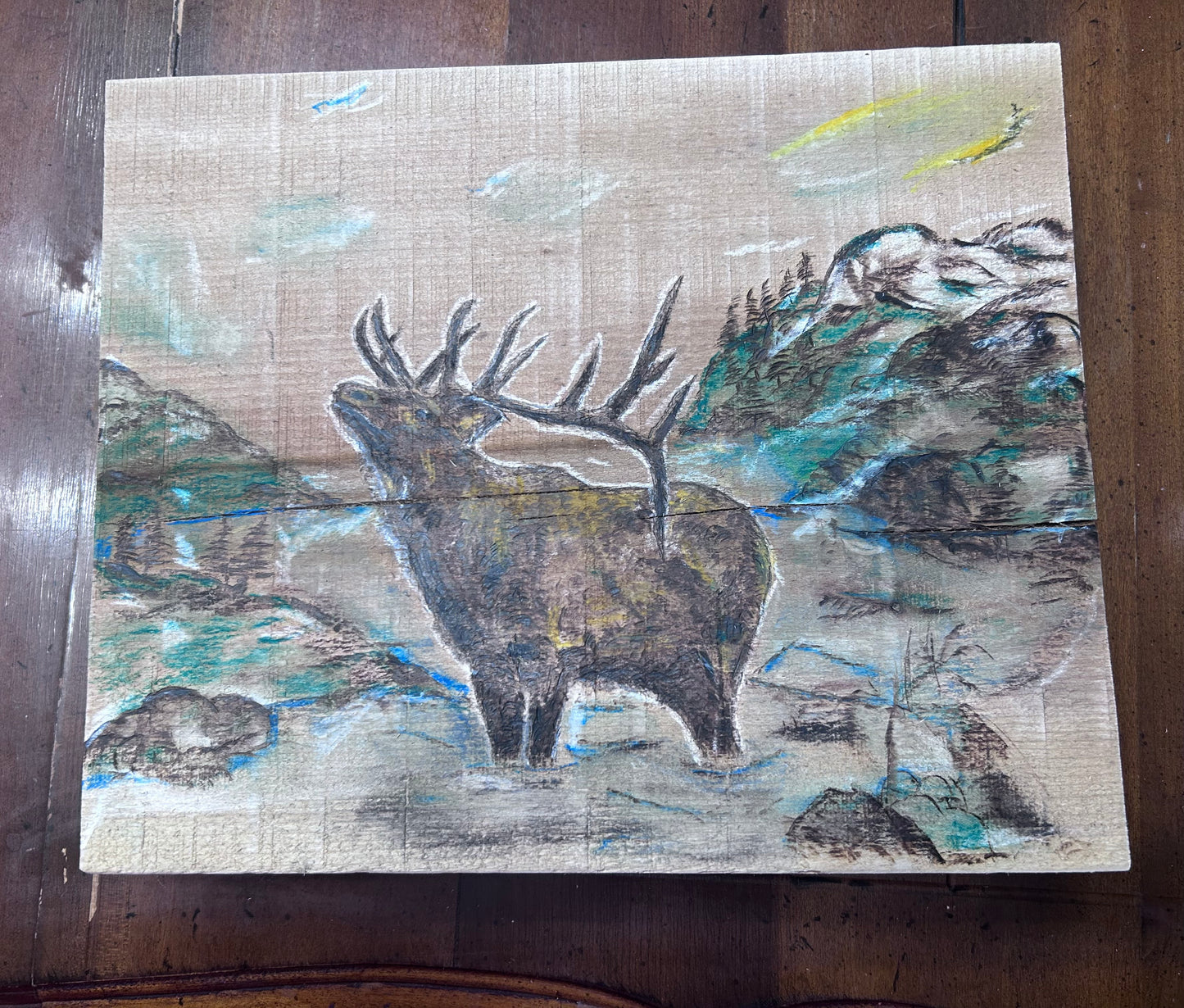 Elk Wood Burning And Watercolor Art
