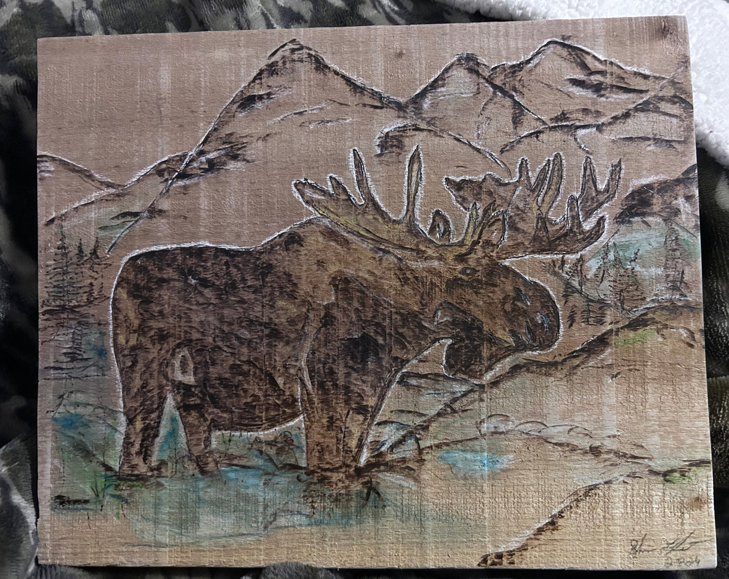 Mountain Valley Moose Wood Burning And Watercolor Art